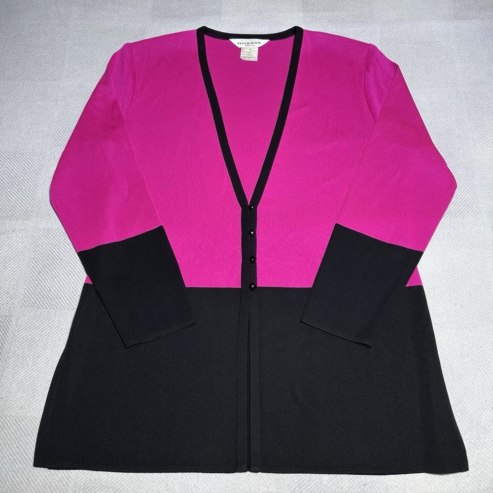 Misook Cardigan Womens Petite Small Hot Pink Black Acrylic Knit Colorblock